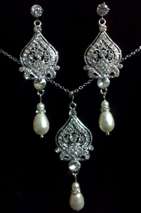 Pearl Chandelier Bridal Jewelry Set Sterling Silver by YJDesign