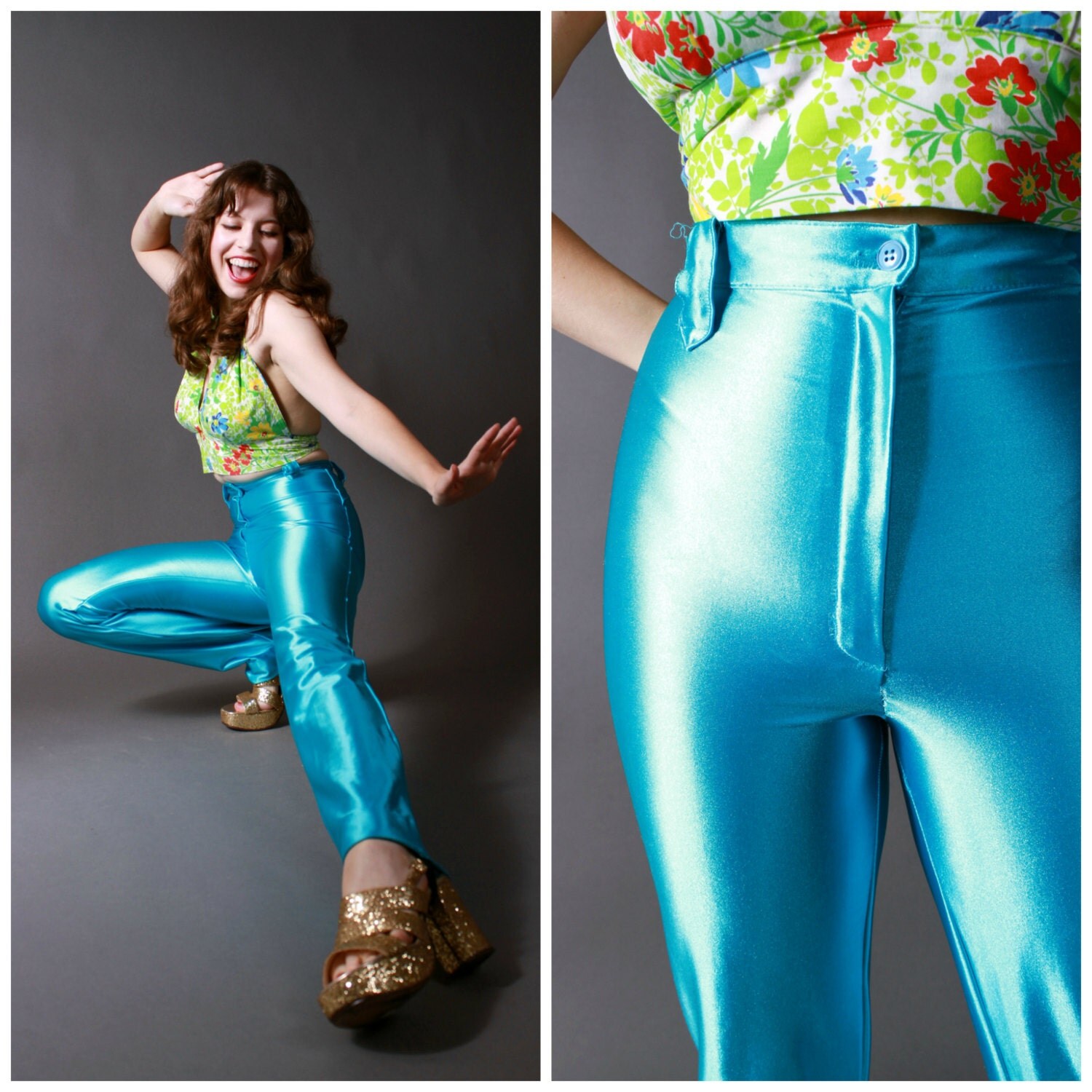 1970s Vintage Pants Bright Turquoise Disco Pants Thick