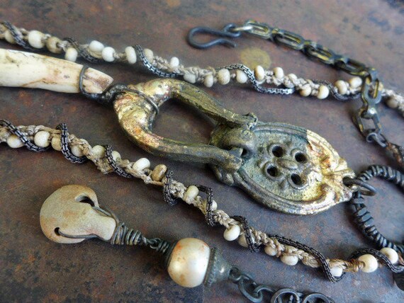 Nature Nurture. Rustic Victorian Tribal long necklace with fang, hardware and gold leaf.
