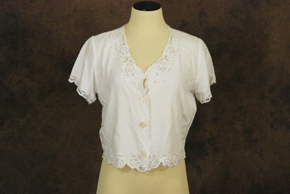 vintage 80s Blouse White Bali Cutwork Embroidered Blouse Sz