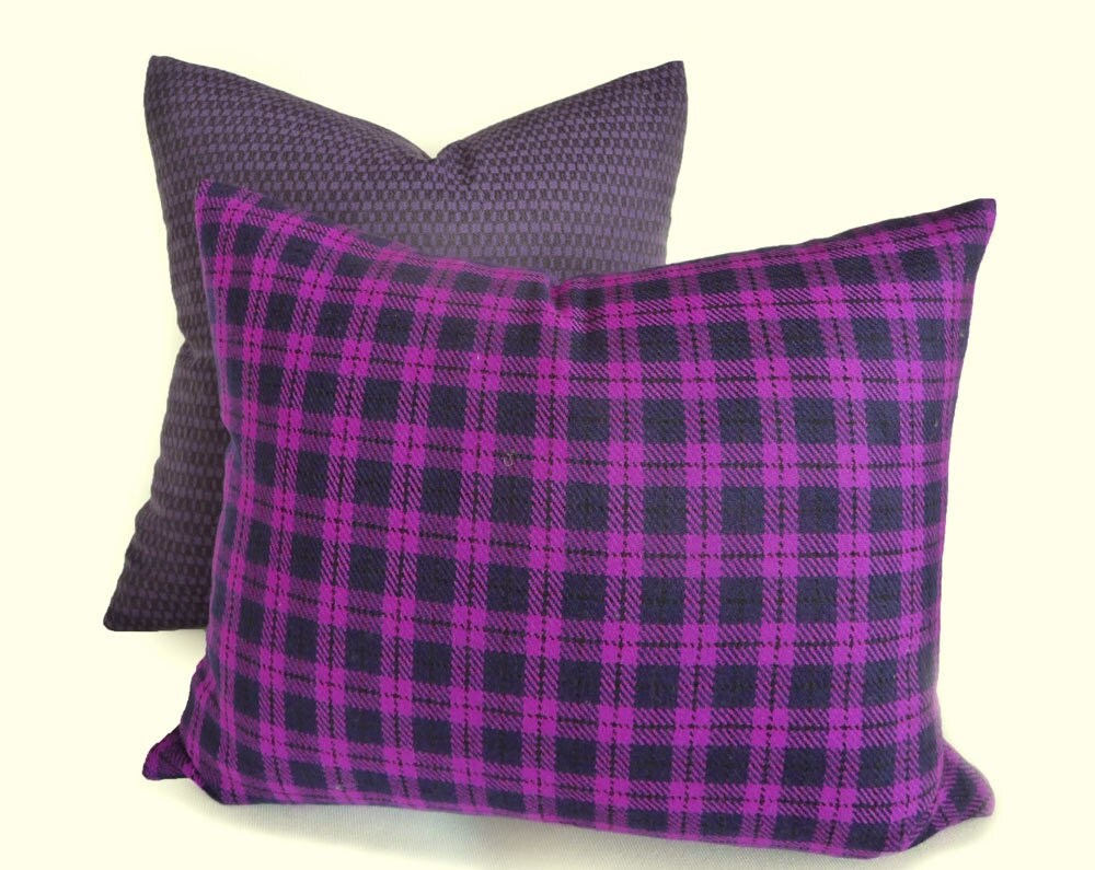 Purple Plaid Pillow Plaid Throw Pillows Wool by PillowThrowDecor