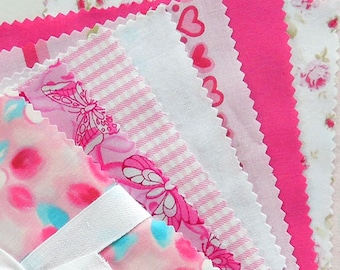 Pink Patchwork Fabric Bundle, Pink Patchwork Pack, Charm Pack, 30 x 5 inch squares of pink cotton fabric for patchwork and quilting