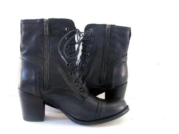 90s black leather boots. tall boots. chunky boots. women's