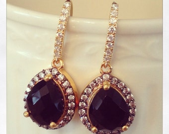 SALE - Gold Diamond and Black Onyx Teardrop Earrings