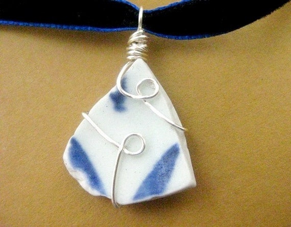 Blue Sea Pottery Pendant from Ireland. Irish Beach Porcelain Necklace. Sea Bird