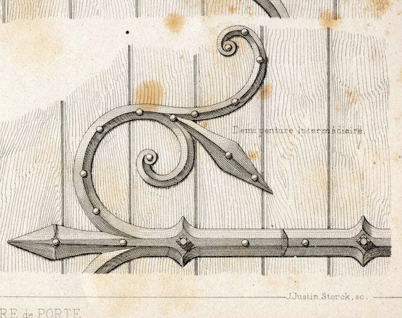 Antique Engraving of Door Fittings. 1880 French Print of Decorative and Architectural Metalwork. Plate 2