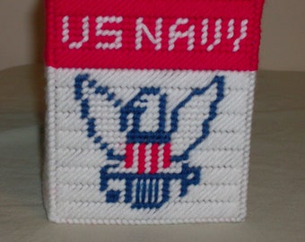 United States Navy Tissue Box Cover, Military Tissue Box Cover, Needlepoint Navy Tissue Box