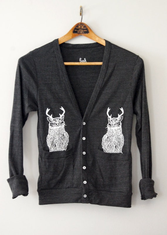 The Original Wild Cat-a-lope - funny cat in pockets antlers Almost Black Cardigan- by Bark Decor