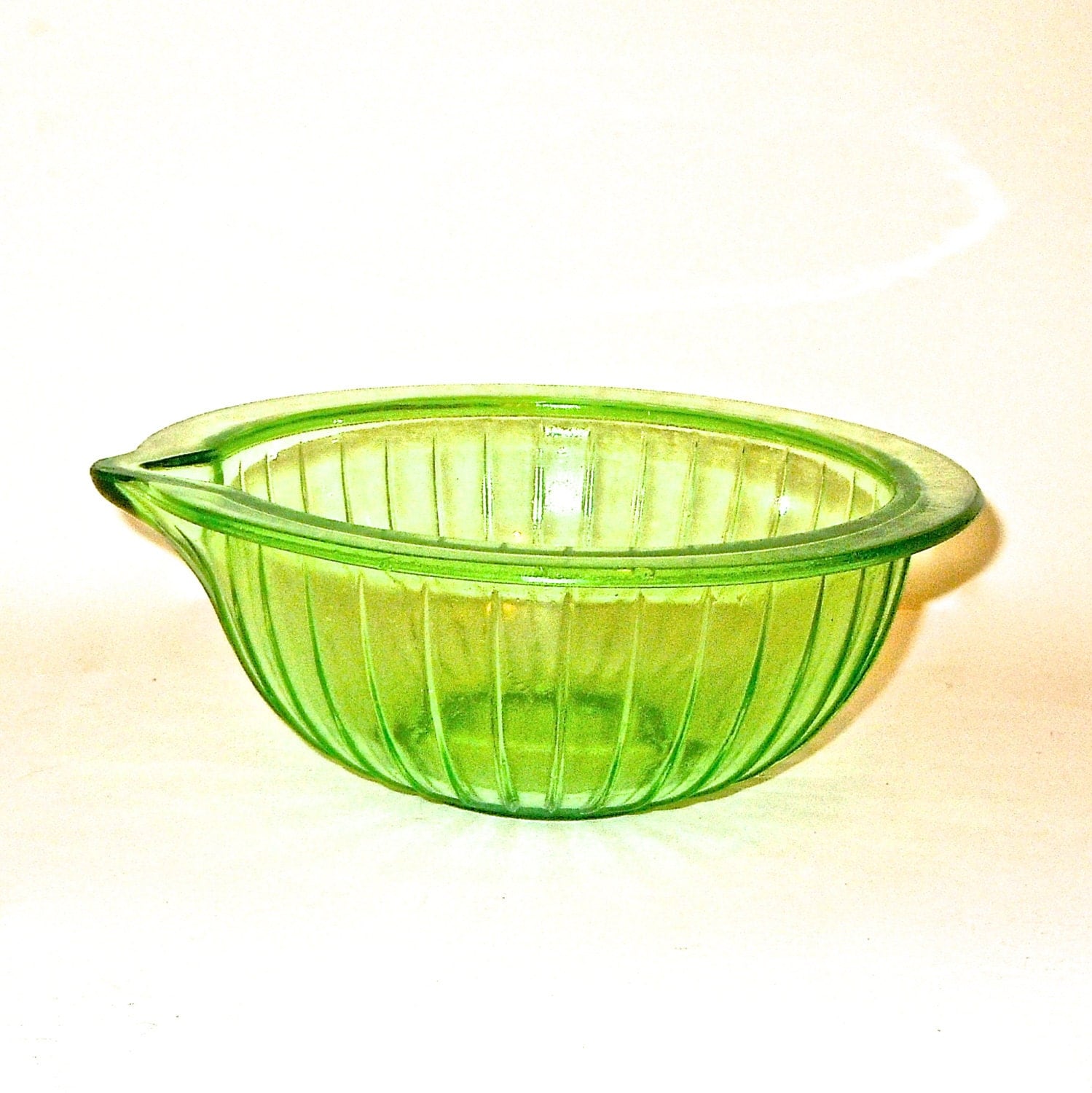 Green Depression Glass Ribbed Bowl with Pouring Spout Haute Juice