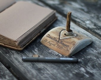 Rustic wood pen holder for wedding guest book