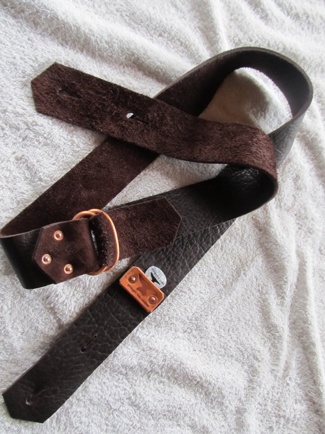 Leather Guitar Strap w/ pick holder Brown with Copper