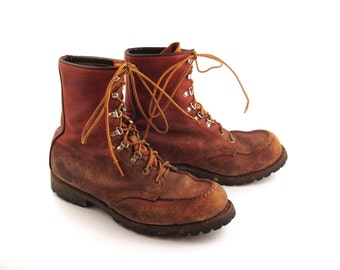 Red Wing Boots 1970s Distressed Brown Lace Up Leather Irish Setter men's size 8 1/2 EE Made in Usa