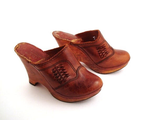 Leather Wooden Clogs Vintage 1970s Abhadabbos Wood Platform