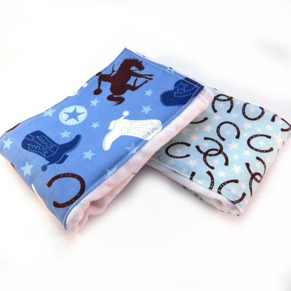 Cowboy Burp Cloth Boy- Blue Brown Western Boots Horseshoes- set of 2 // Diaper Burp Cloth // Cotton Burp Cloth // Baby Shower Gift