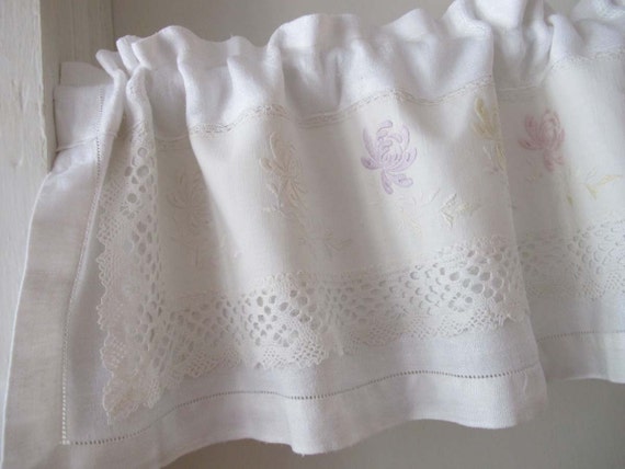 Vintage Linens White Valance Upcycle Embroidery by BettyandBabs