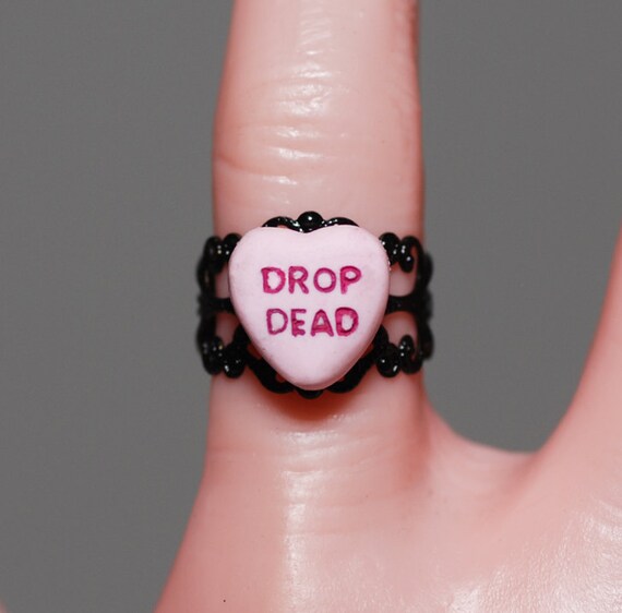 Creepy Cute Miniature Heart Gothic message Ring -  Jewelry - Drop Dead