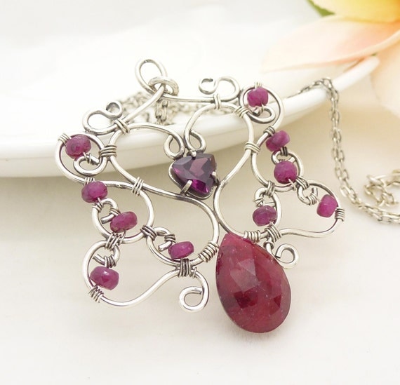 Genuine Ruby Necklace Sterling Silver Wire Wrapped Jewelry