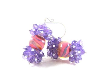 Amethyst Cluster Earrings, Purple Pink Glass Earrings, Gemstone Jewelry, Pastel Boro Lampwork Earrings, February Birthstone Jewelry - Rocks