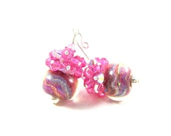 Bright Pink Purple Earrings, Rose Pink Crystal Earrings, Boro Lampwork Earrings, Special Occassion Colorful Glass Earrings- Cotton Candy