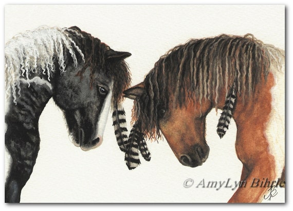 Majestic Horses 37 - Curly Hoses War Paint Native Feathers - ArT Prints or ACEO by Bihrle