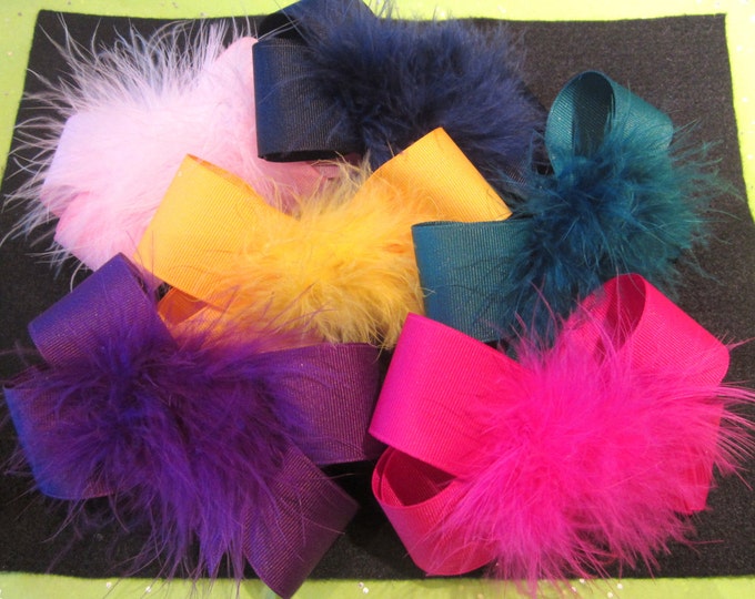 Marabou Puff Bows - Feather Hair Bows - Large 5 inch Hairbows - Girls Feather Puff Bows - Lot of 3 bows - feather bow set