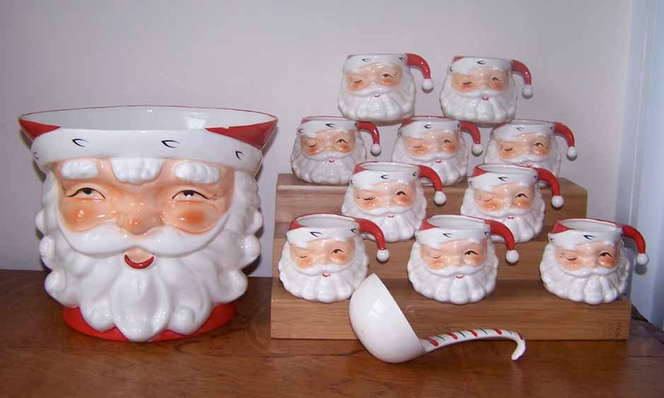 Vintage SANTA Claus Punch Bowl NORCREST and 10 winking mugs