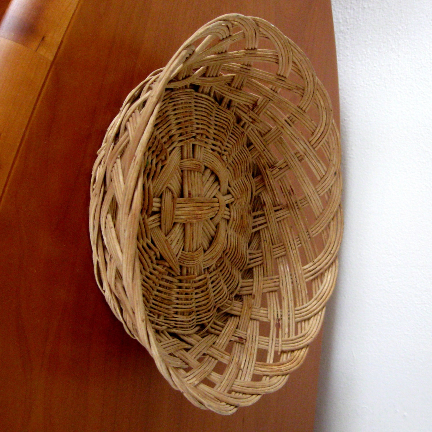 Vintage Wicker Basket Round Bread Woven Looped Rattan French