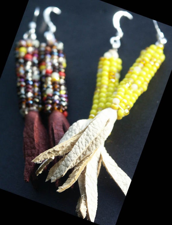 beaded indian corn earrings yellow Native american handmade