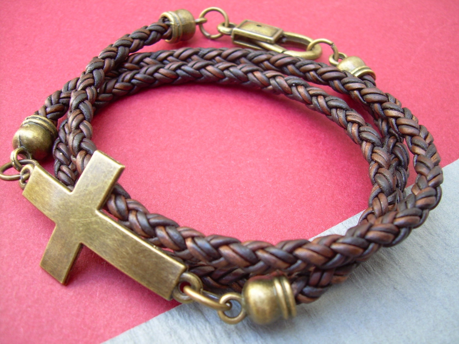 Leather Bracelet Cross Bracelet Antique Brown Braided
