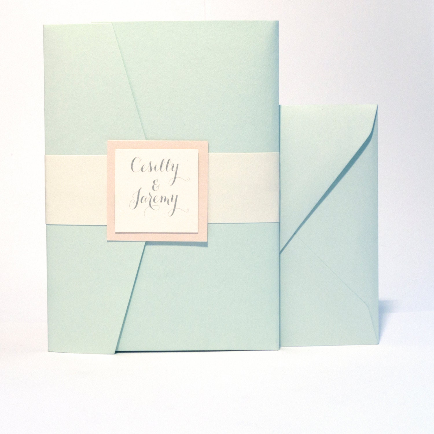 Pocketfold Wedding Invitation with RSVP in Mint Green, Ivory, Pewter
