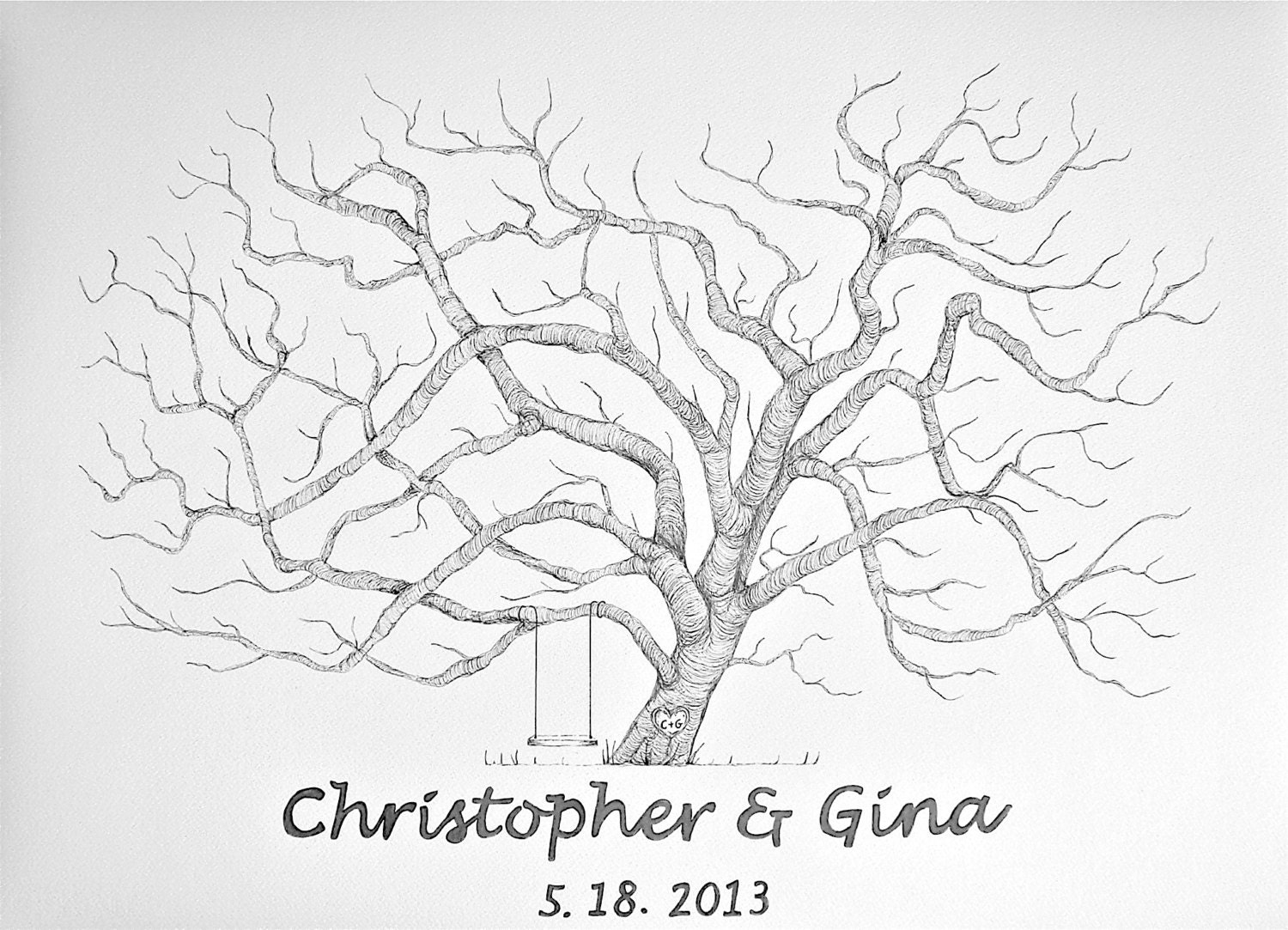 Medium Fingerprint Tree Wedding Guest Book Hand Drawn Live