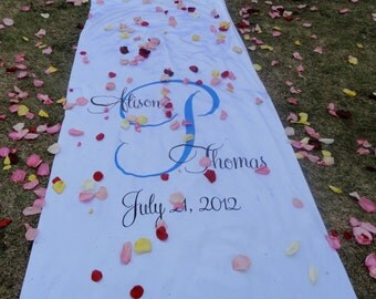 Wedding Monogram Aisle Runner Hand Painted Real Fabric Runner Ceremony Decor Isle Runner White Ivory Decoration