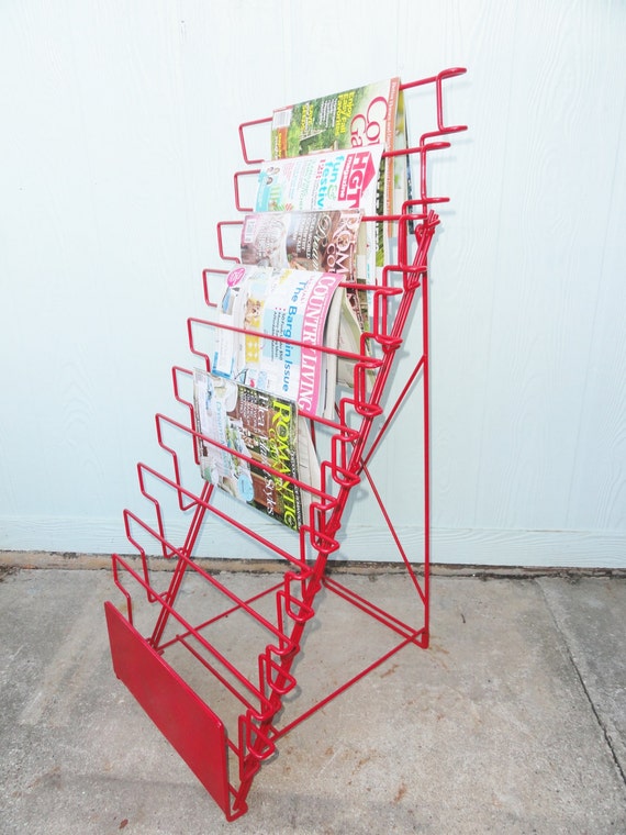 Vintage Magazine Rack Standing Metal Red Folding 38 Tall