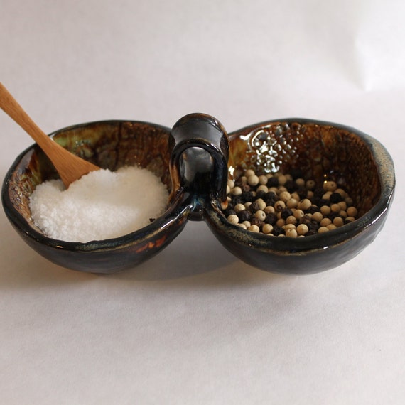 Pottery Salt and Pepper Bowl with a Wooden Spoon