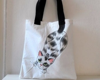 Tote Bag Handpainted Pop Art Cat Tote Bag