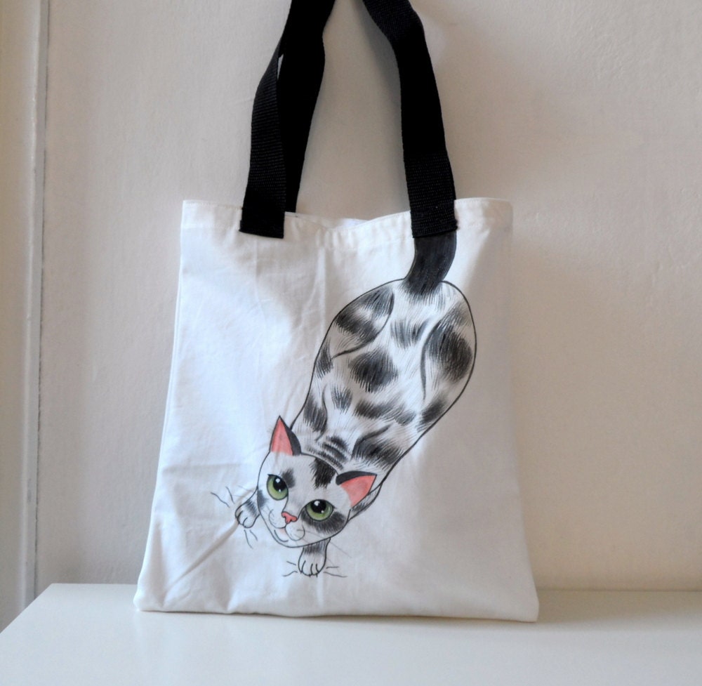 Cat Tote Bag Handpainted Cotton Tote