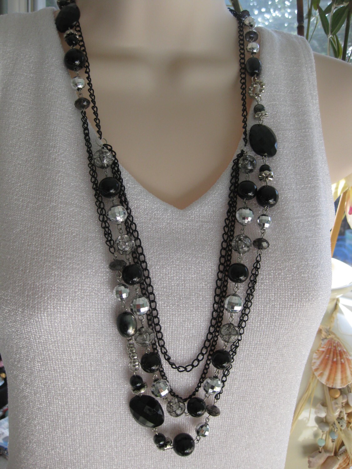Long Black Beaded Necklace Chunky Black Beaded Necklace