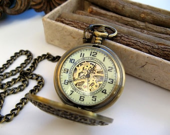 Pocket Watch - Antique Bronze includes 15" Pocket Watch Chain - Mechanical Watch - Steampunk - Groomsmen Gift - Watch - Item MPW780