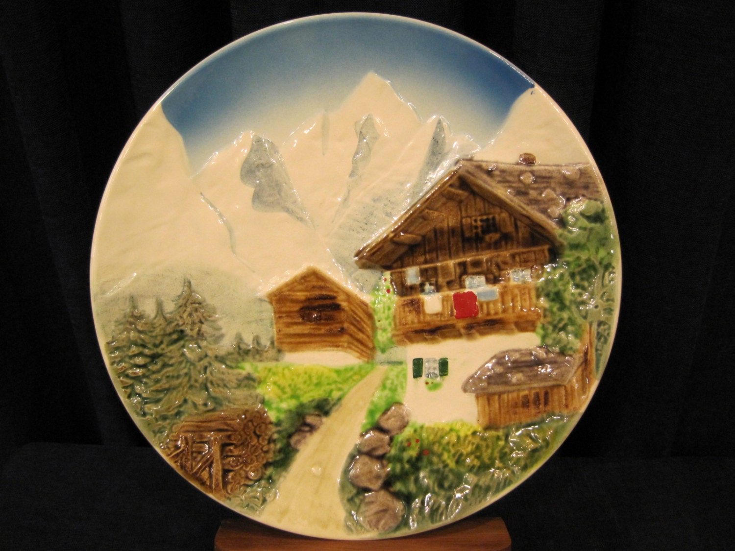 Vintage Majolica Plate Alpine Scene Made In Western Germany