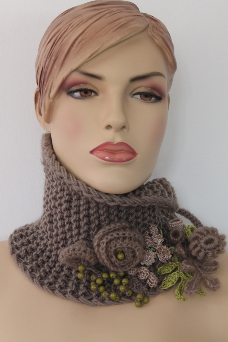 Hand Knitted And Crocheted Pale Olive Scarf By Levintovich