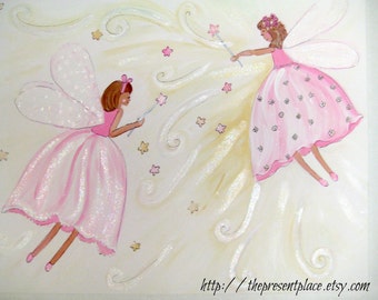two pink fairies painting,matches fairy bedding,fairy painting,two fairies,two sisters,girls room decor,wall art,fairy wall art,kids art