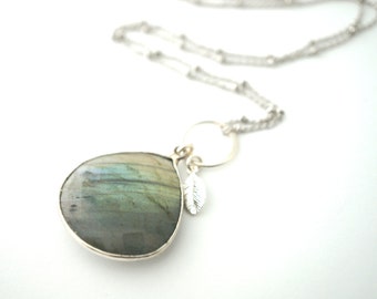 Silver Labradorite Pendant Necklace, Long Charm Necklace, Long Silver Necklace, Long Leaf Necklace, Everyday Necklace, Long Stone Necklace