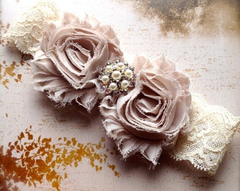 Headband for women or baby Buff and cream lace or ivory and off white headband with pearls and rhinestones. Flapper, hippie, boho, baptism.