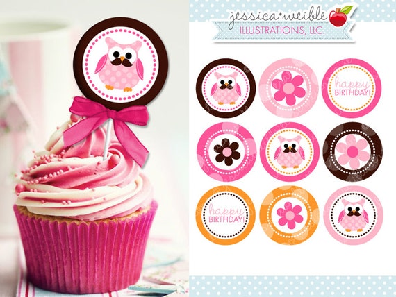 Moustache Owl Pink - Printable Party Tags - Cupake Toppers - Printable Party Favors - Moustache Owl Party Printables Il_570xn