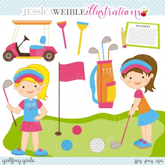 Golfing Girls Cute Digital Clipart - Commercial Use OK - Golf Clipart, Golf Graphics - Digital Golf Illustrations Il_570xn