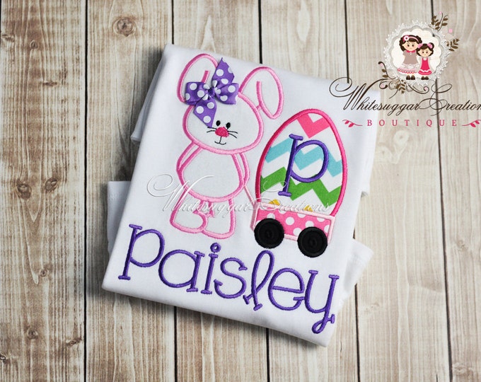Girl Easter Shirt - Bunny with Wagon Appliqued Shirt - Custom Shirt - Personalized Girls Easter Shirt