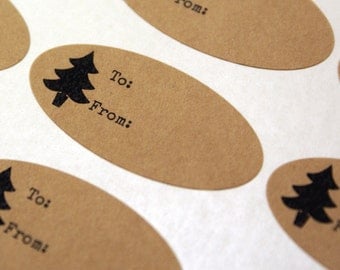 27 Christmas labels with tree - Kraft Brown Oval Stickers with TO & FROM - for gift tags, labeling, Christmas presents