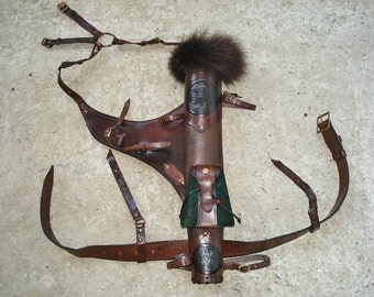 Multifunctional Tooled Leather Quiver Holding a Bow, an Axe and a Rope with a Detachable Pouch