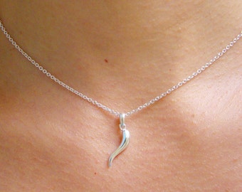 Italian Horn Necklace, Bridesmaid Jewelry, 925 Sterling Silver, Good Luck Necklace, Friendship Necklace, Cornicello, Cornetto N002