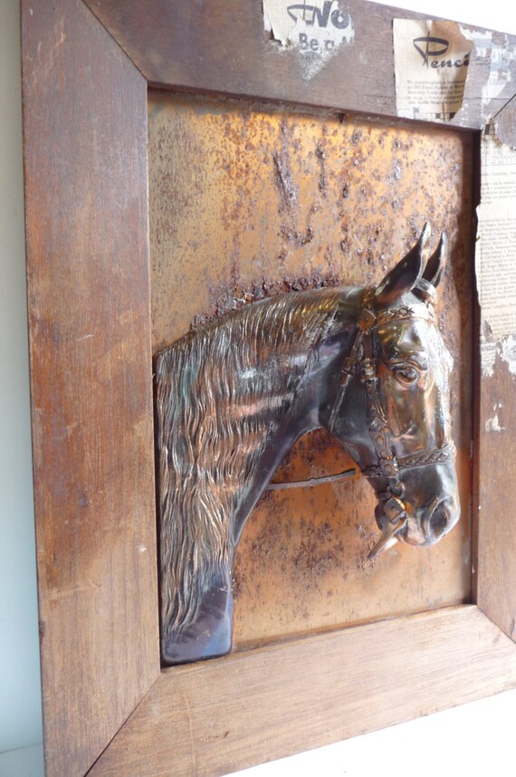 Antique Spelter Horse copper plate wall plaque Sculpture